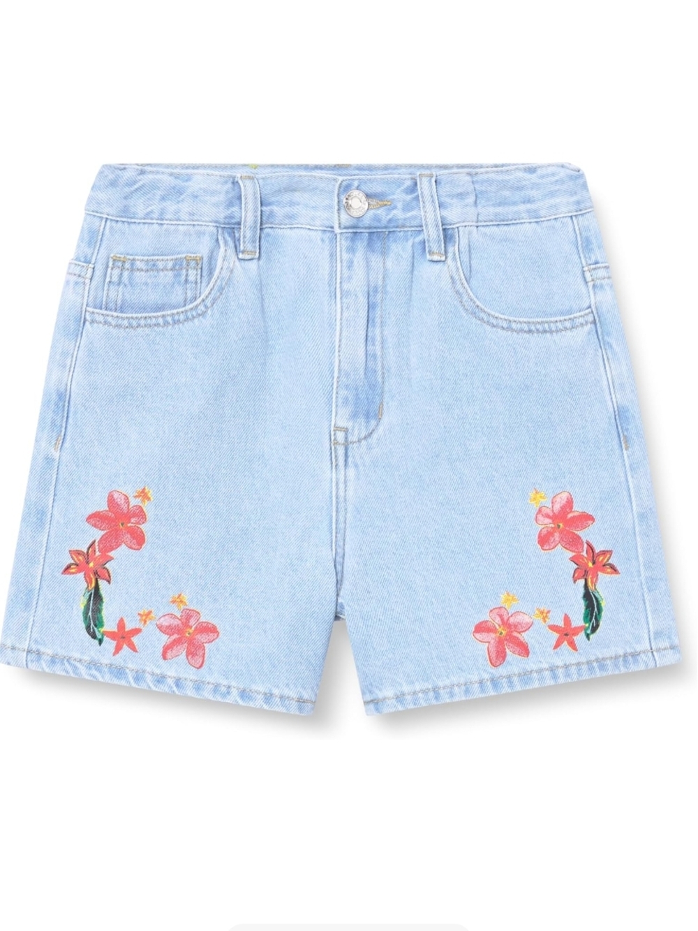 Desigual Light Blue Denim Shorts with Pink Floral Embroidery